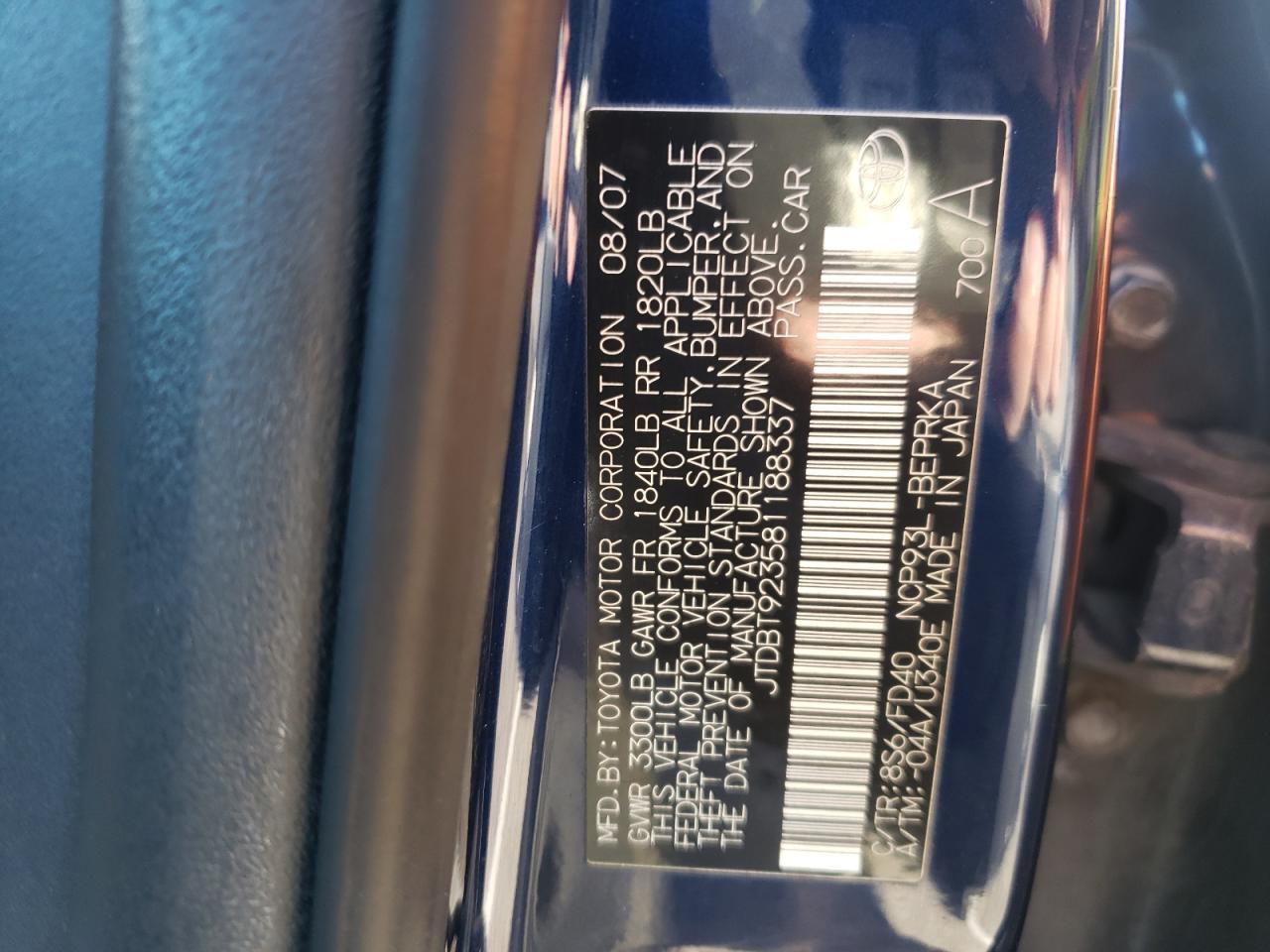 Photo 10 from auction – 2008 TOYOTA YARIS with VIN JTDBT923581188337