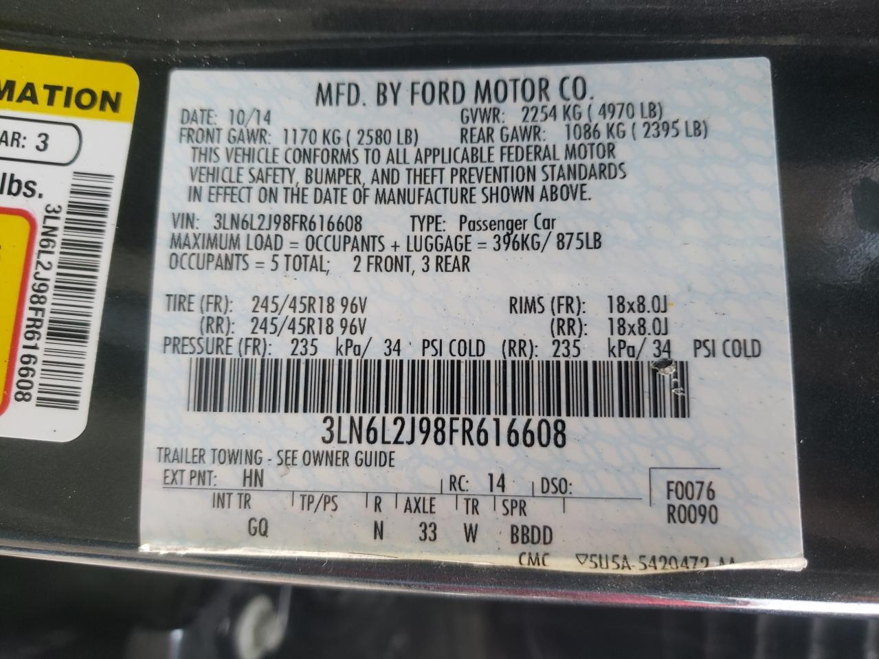 Photo 10 from auction – 2015 LINCOLN MKZ with VIN 3LN6L2J98FR616608