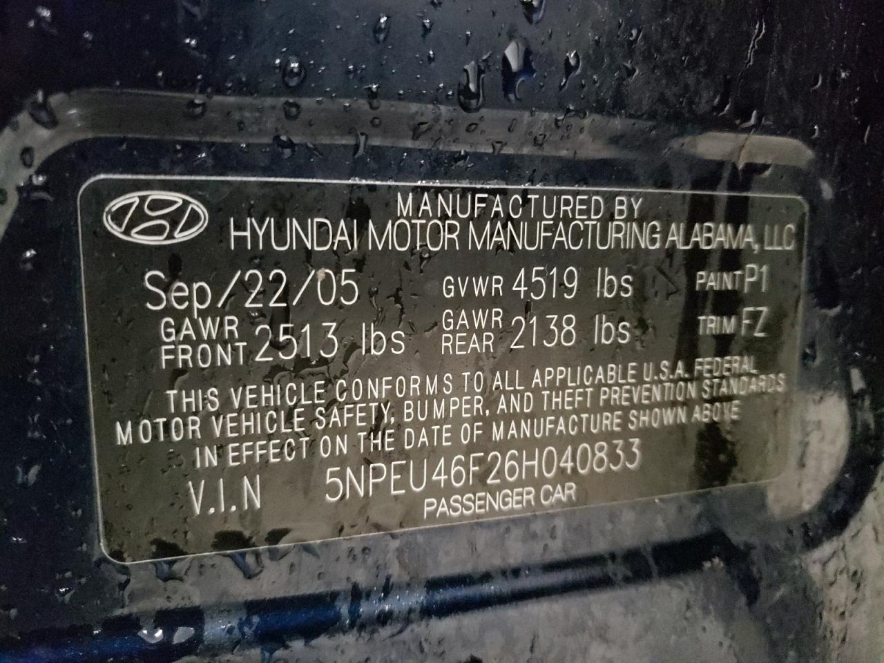 Photo 10 from auction – 2006 HYUNDAI SONATA GLS with VIN 5NPEU46F26H040833