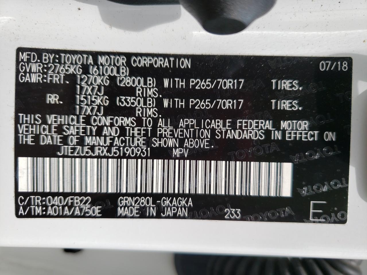 Photo 10 from auction – 2018 TOYOTA 4RUNNER SR with VIN JTEZU5JRXJ5190931