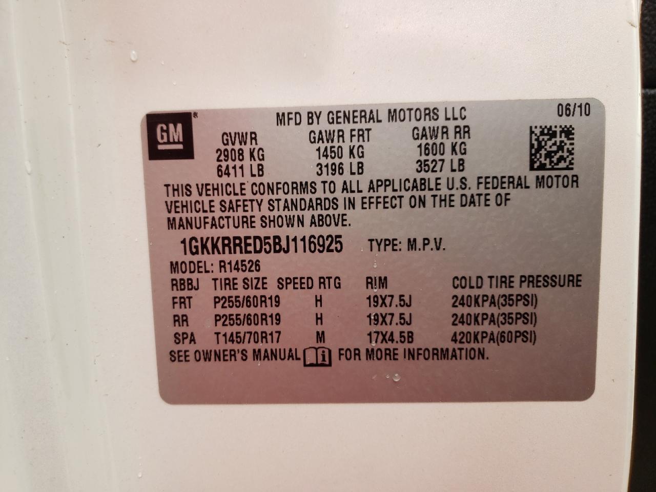 Photo 10 from auction – 2011 GMC ACADIA SLT with VIN 1GKKRRED5BJ116925