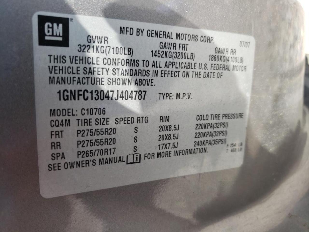 Photo 10 from auction – 2007 CHEVROLET TAHOE C150 with VIN 1GNFC13047J404787