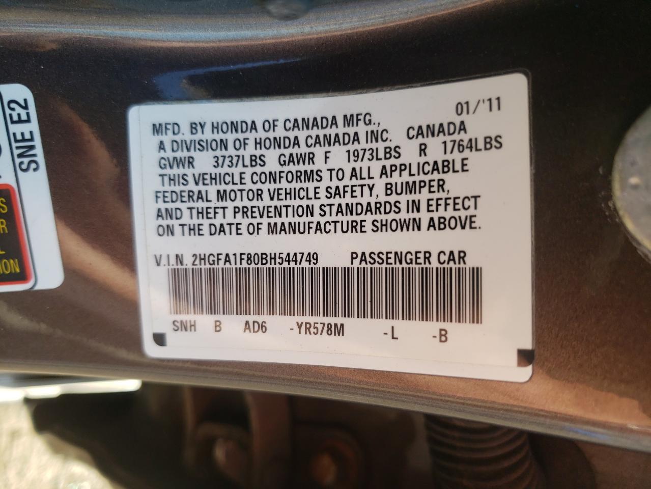 Photo 10 from auction – 2011 HONDA CIVIC EX with VIN 2HGFA1F80BH544749