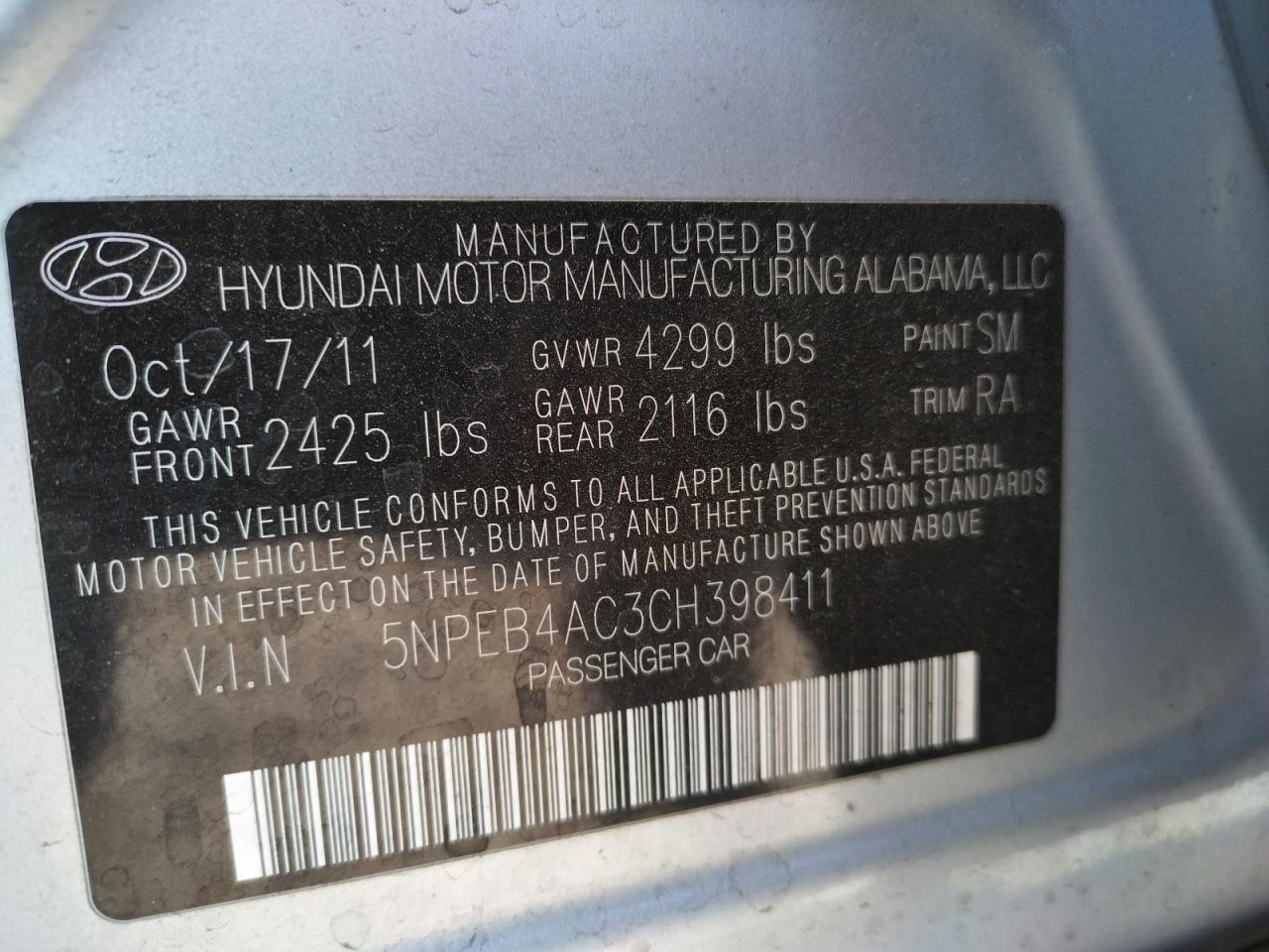 Photo 10 from auction – 2012 HYUNDAI SONATA GLS with VIN 5NPEB4AC3CH398411