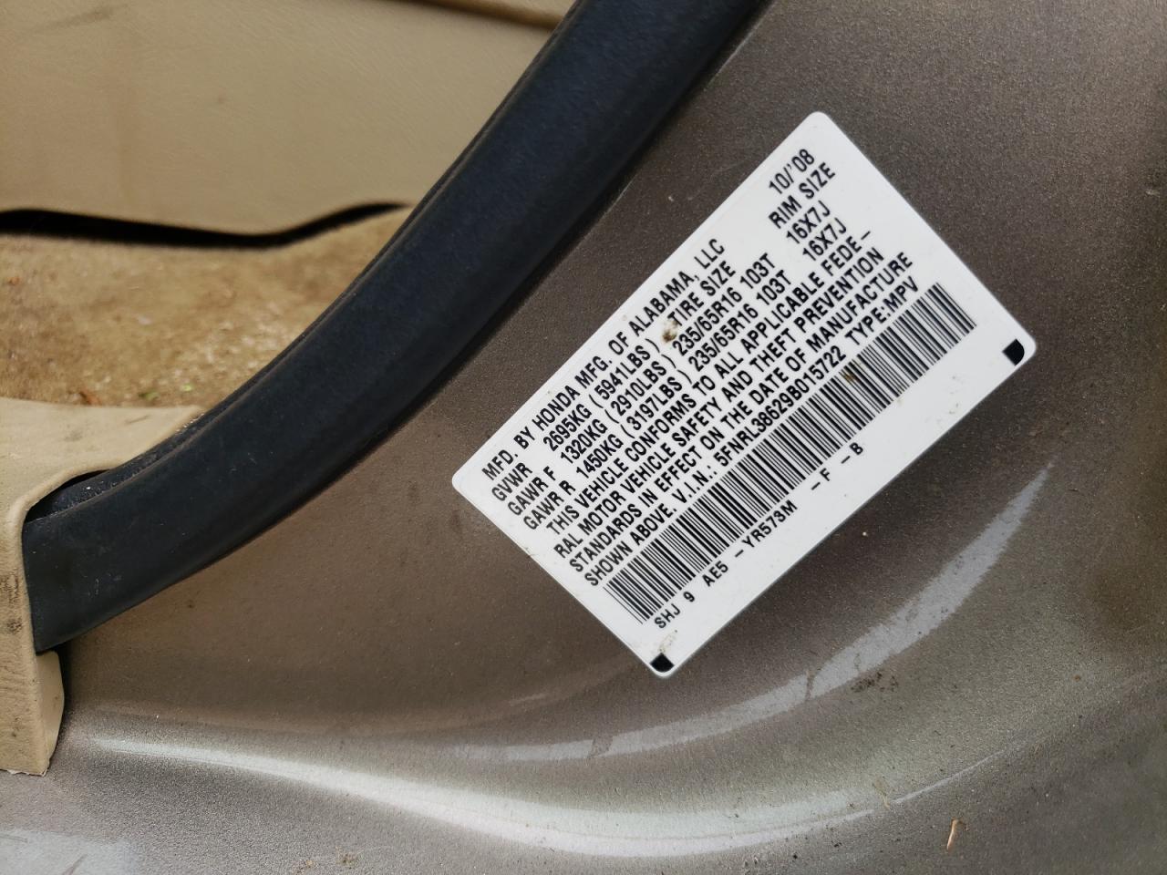 Photo 10 from auction – 2009 HONDA ODYSSEY EX with VIN 5FNRL38629B015722