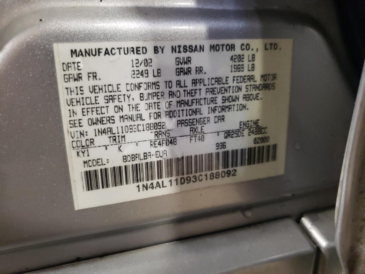 Photo 10 from auction – 2003 NISSAN ALTIMA BAS with VIN 1N4AL11D93C188092
