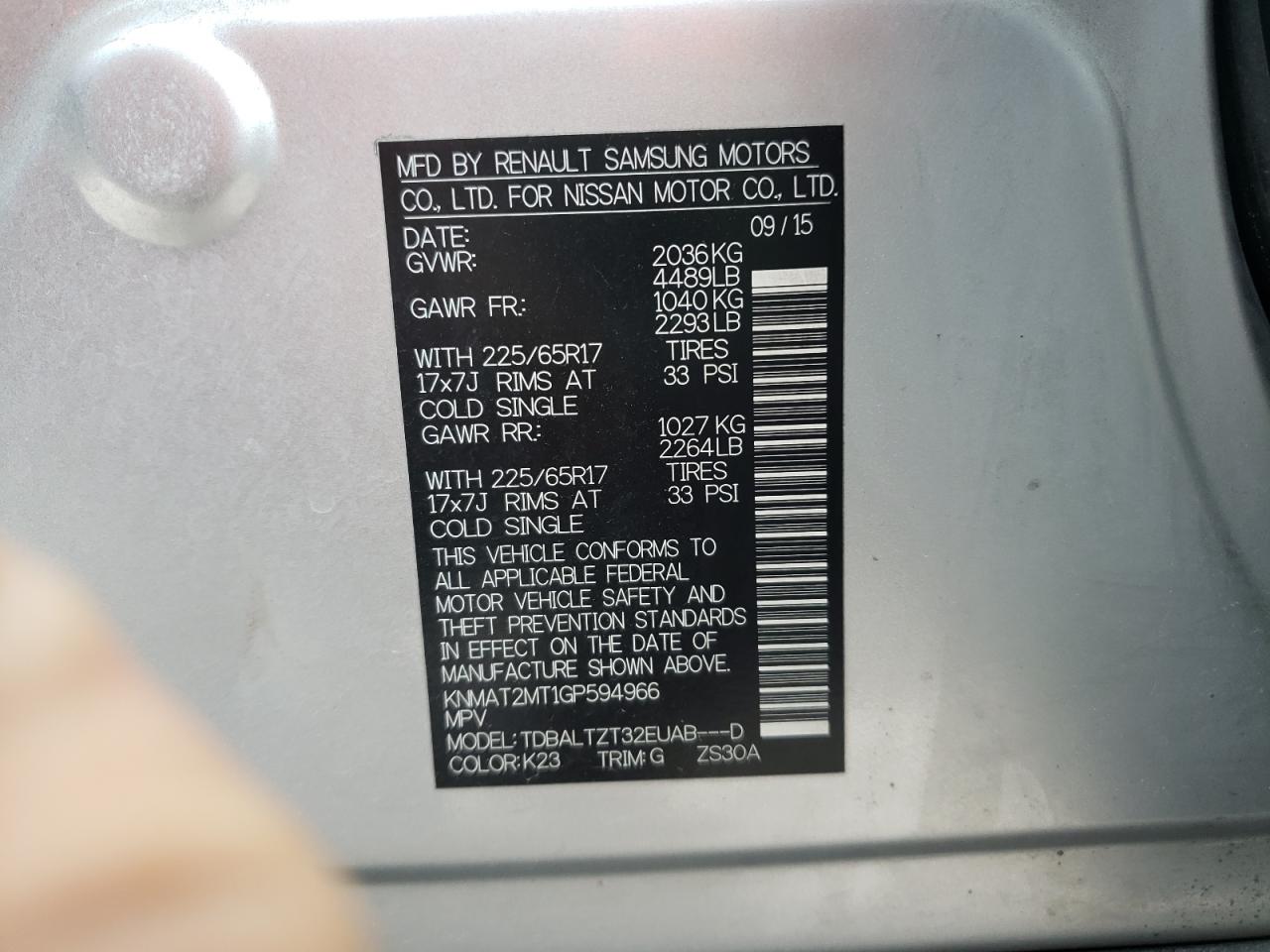 Photo 10 from auction – 2016 NISSAN ROGUE S with VIN KNMAT2MT1GP594966