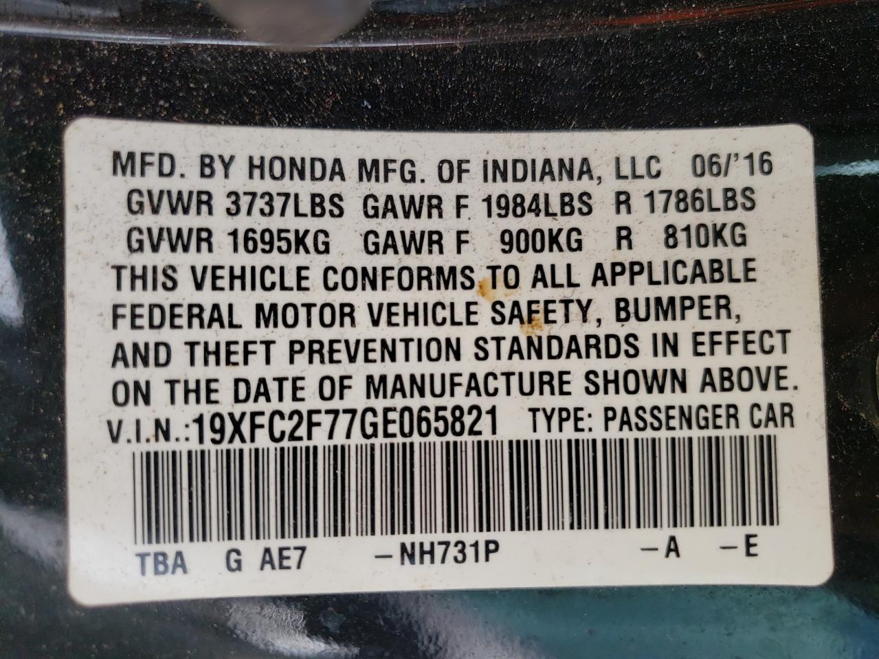Photo 10 from auction – 2016 HONDA CIVIC EX with VIN 19XFC2F77GE065821