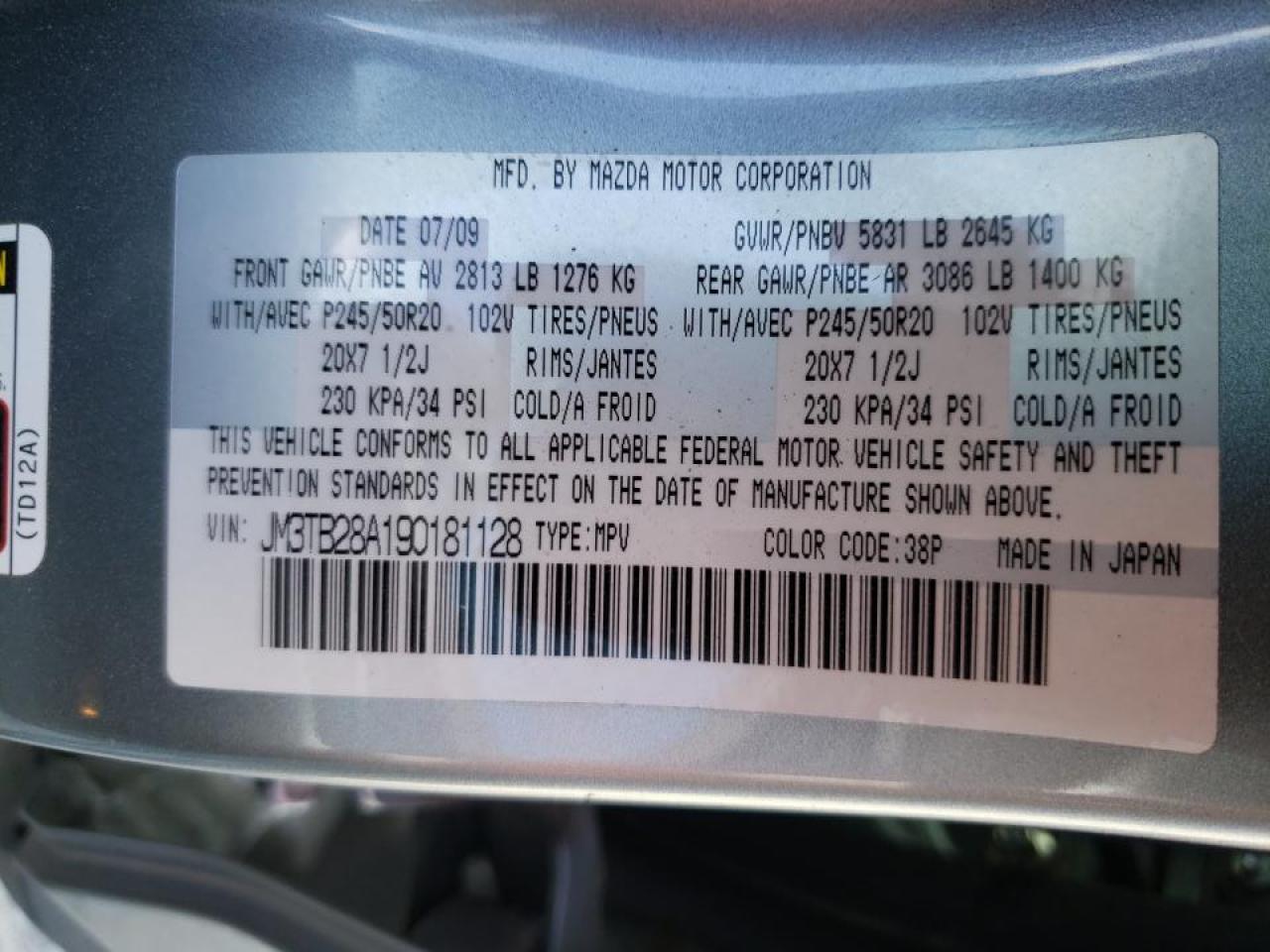 Photo 10 from auction – 2009 MAZDA CX-9 with VIN JM3TB28A190181128