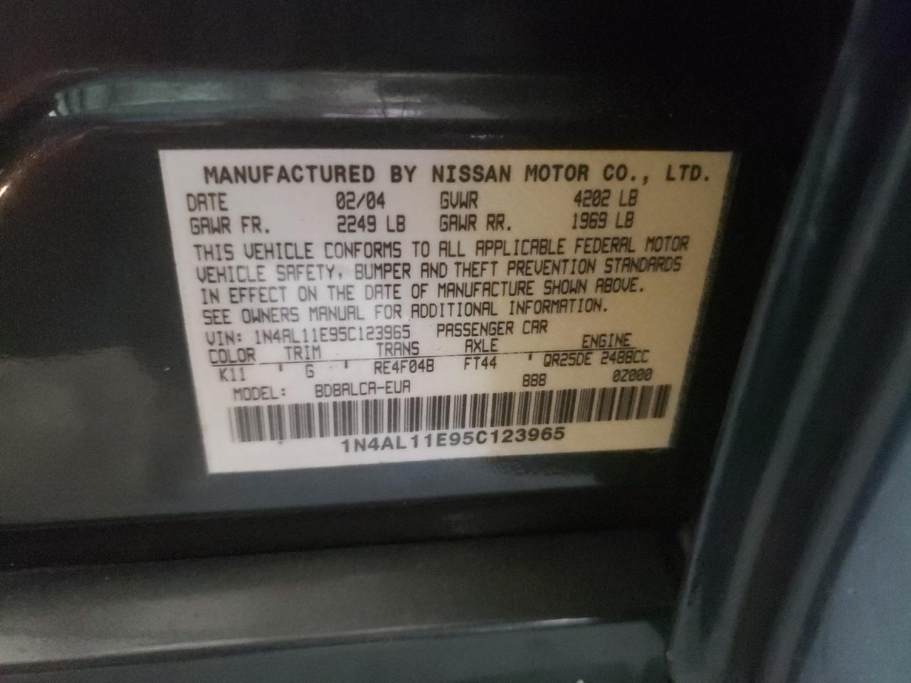 Photo 10 from auction – 2005 NISSAN ALTIMA S with VIN 1N4AL11E95C123965