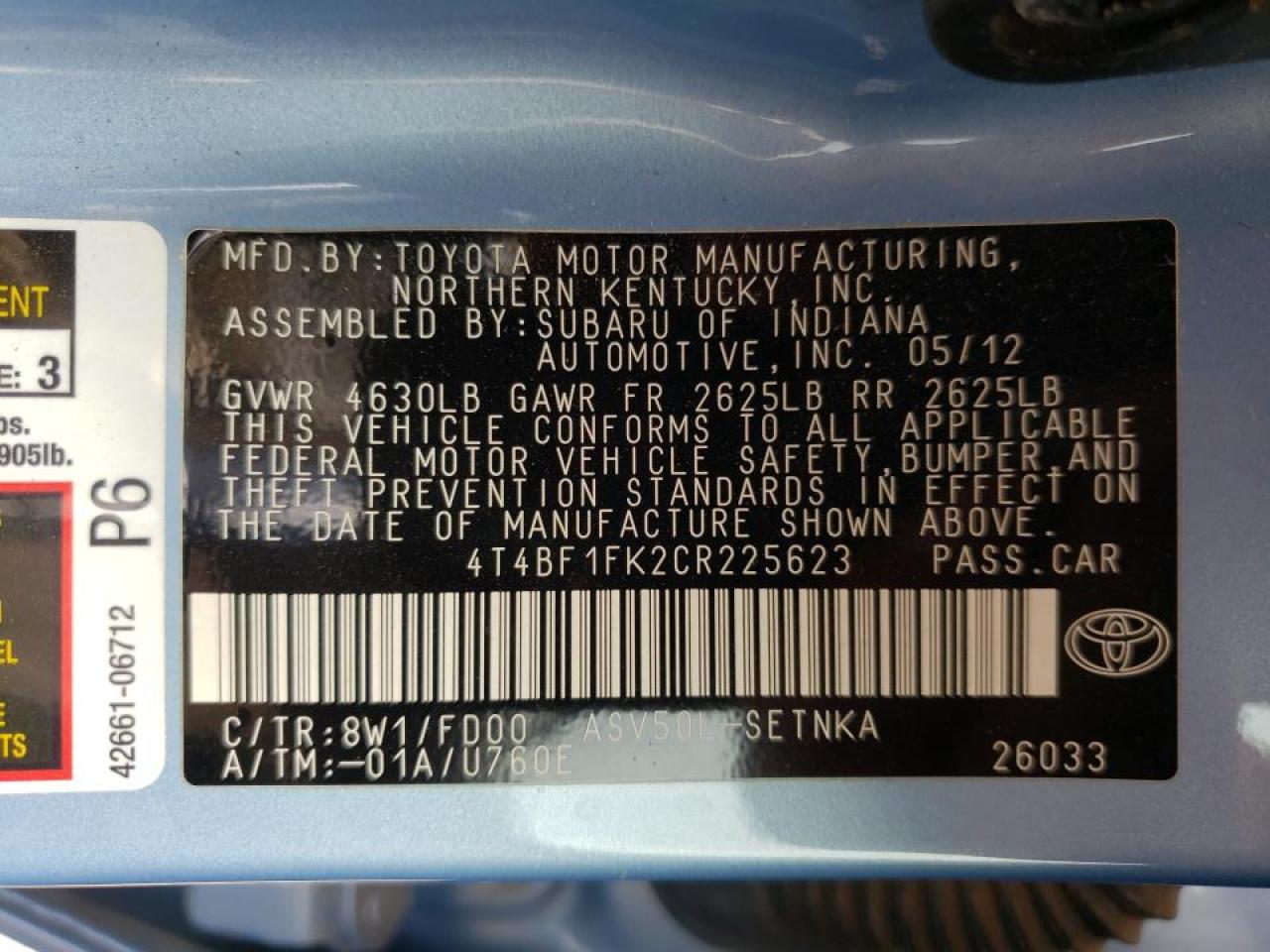 Photo 10 from auction – 2012 TOYOTA CAMRY BASE with VIN 4T4BF1FK2CR225623