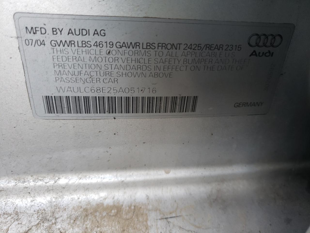 Photo 10 from auction – 2005 AUDI A4 1.8T QU with VIN WAULC68E25A051716