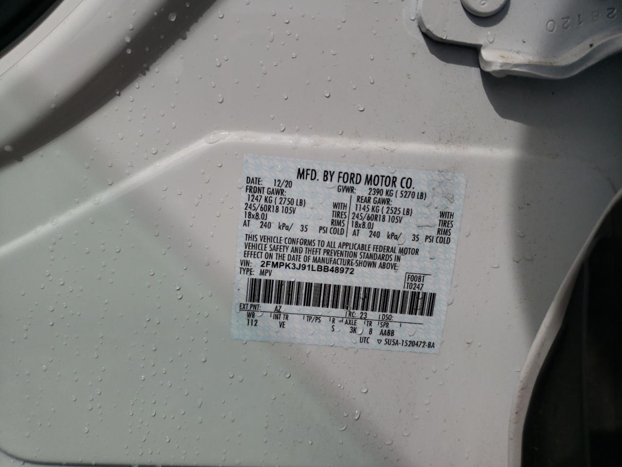 Photo 10 from auction – 2020 FORD EDGE SEL with VIN 2FMPK3J91LBB48972
