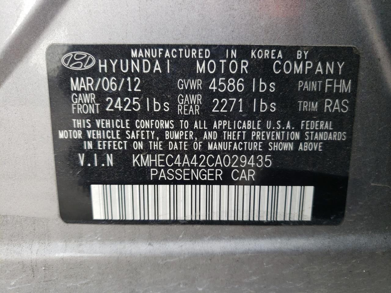 Photo 10 from auction – 2012 HYUNDAI SONATA HYB with VIN KMHEC4A42CA029435