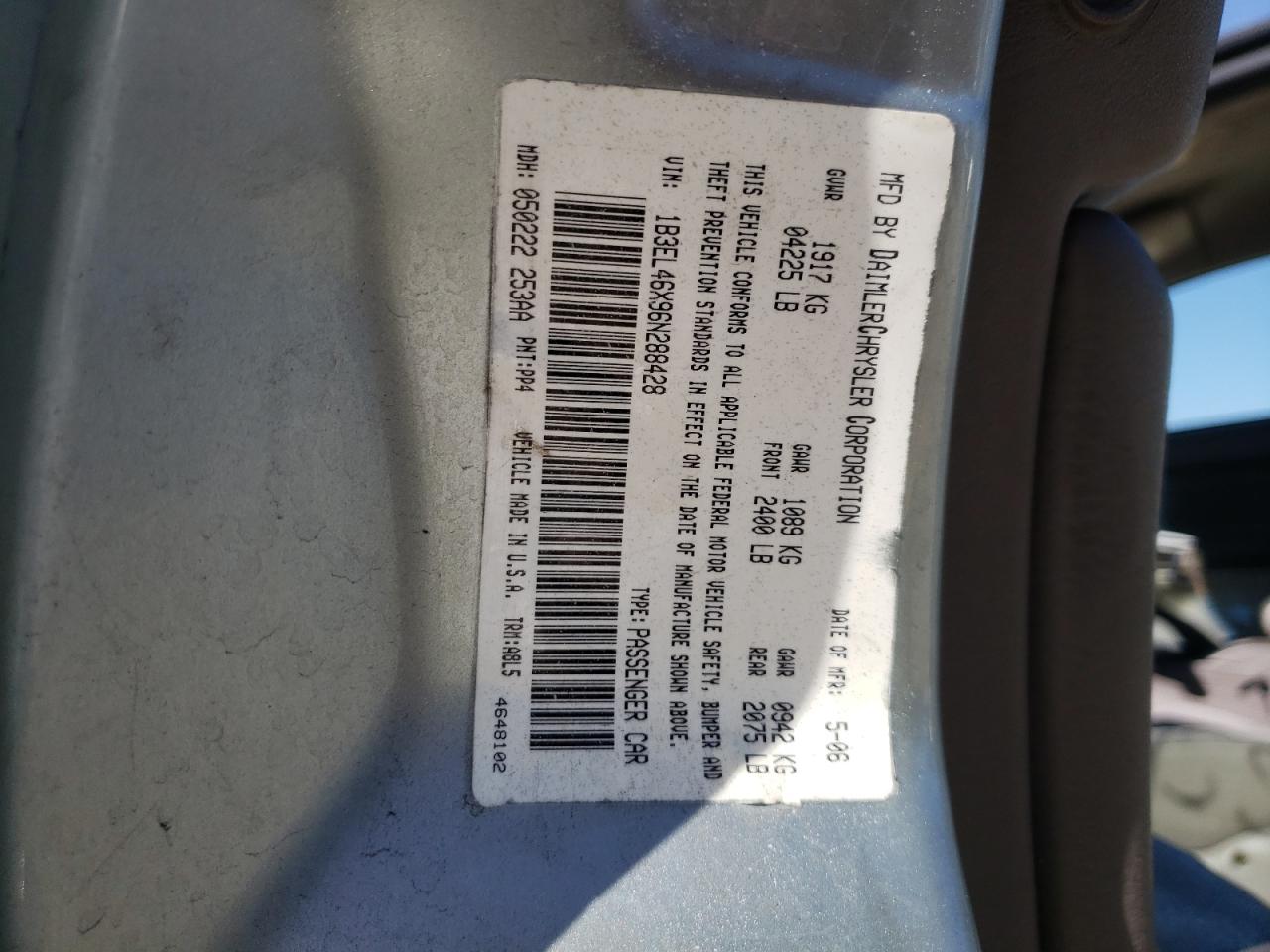 Photo 10 from auction – 2006 DODGE STRATUS with VIN 1B3EL46X96N288428