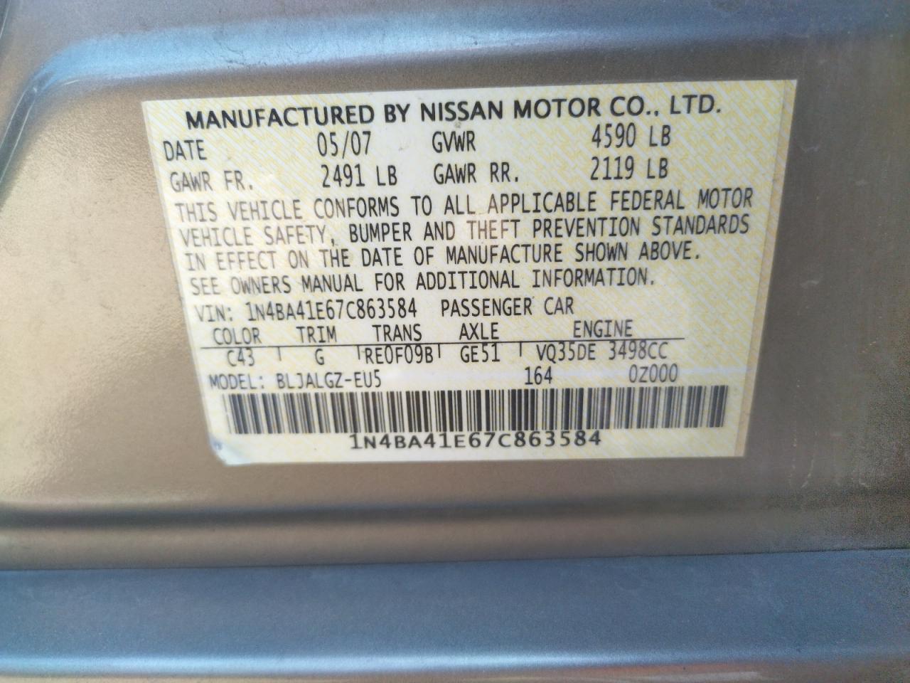 Photo 10 from auction – 2007 NISSAN MAXIMA SE with VIN 1N4BA41E67C863584