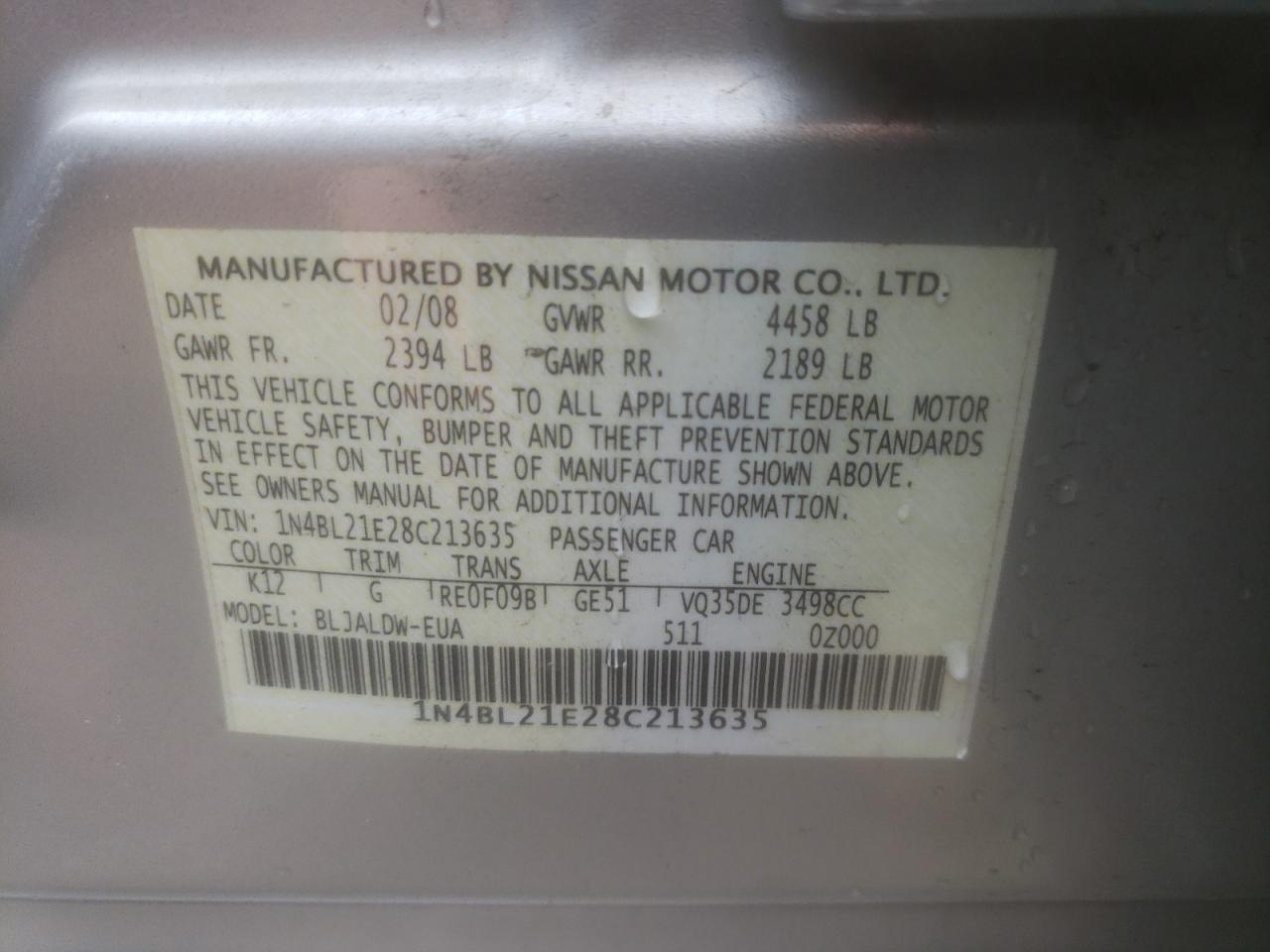 Photo 10 from auction – 2008 NISSAN ALTIMA 3.5 with VIN 1N4BL21E28C213635