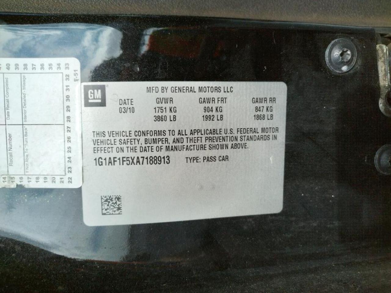 Photo 10 from auction – 2010 CHEVROLET COBALT 2LT with VIN 1G1AF1F5XA7188913