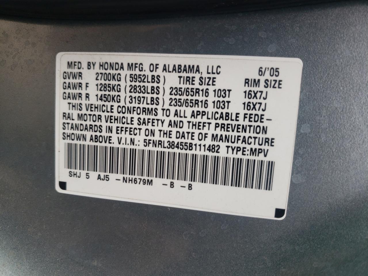 Photo 10 from auction – 2005 HONDA ODYSSEY EX with VIN 5FNRL38455B111482