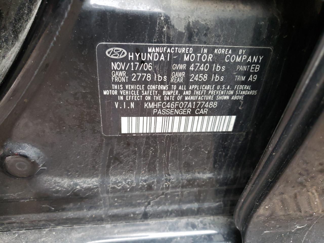 Photo 10 from auction – 2007 HYUNDAI AZERA SE with VIN KMHFC46F07A177488