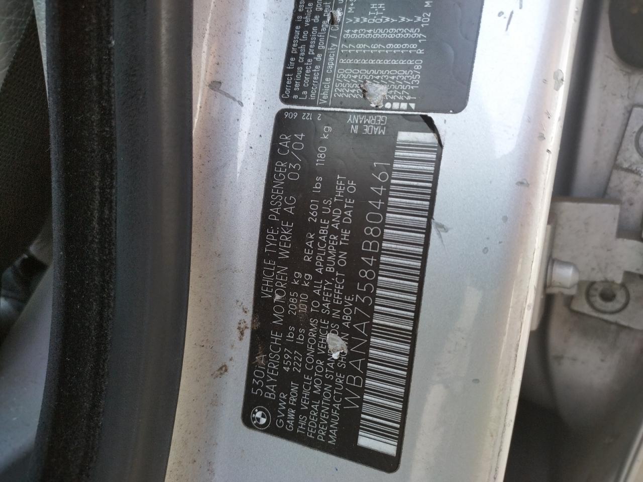 Photo 10 from auction – 2004 BMW 530 I with VIN WBANA73584B804461