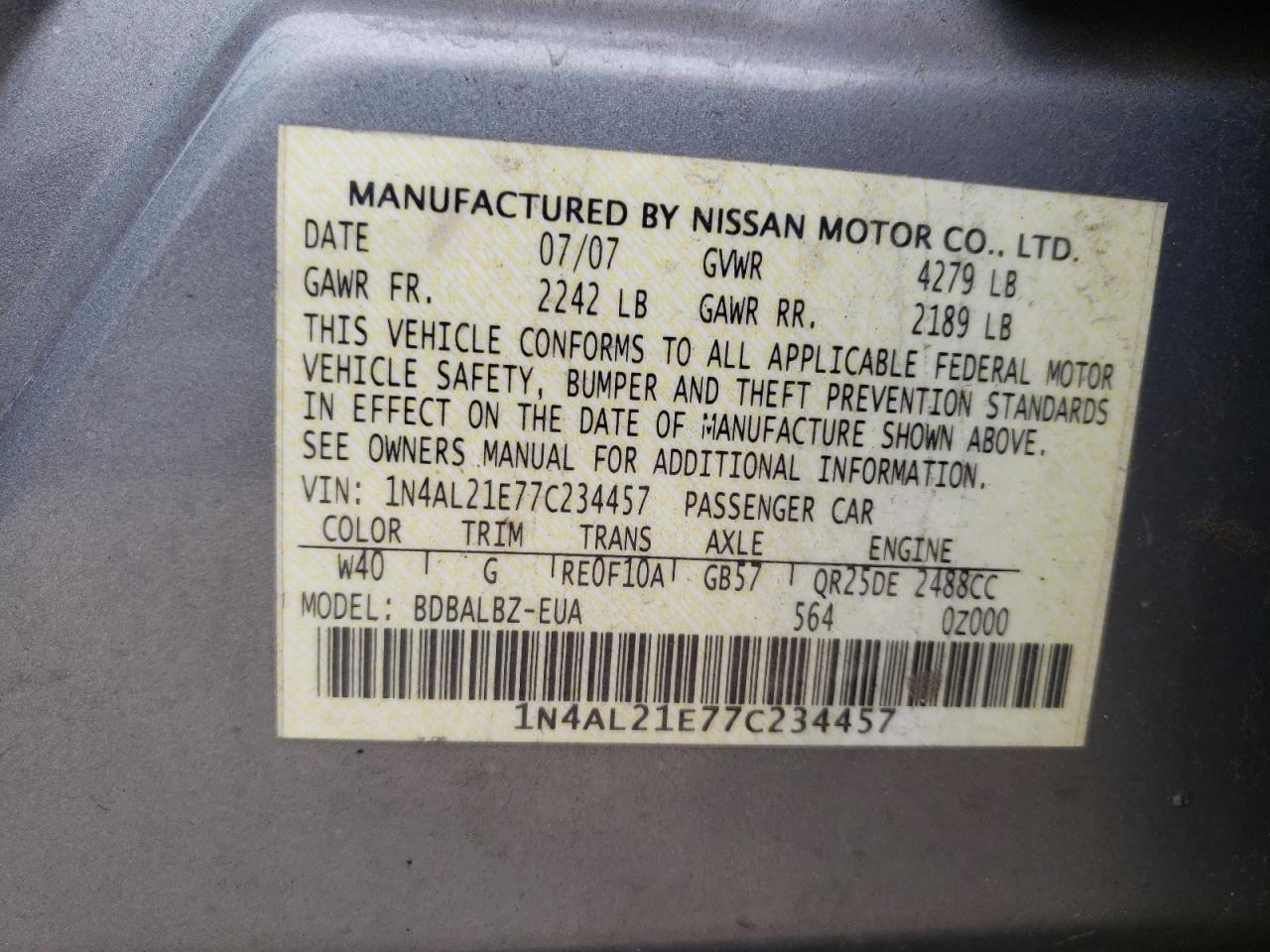 Photo 10 from auction – 2007 NISSAN ALTIMA 2.5 with VIN 1N4AL21E77C234457
