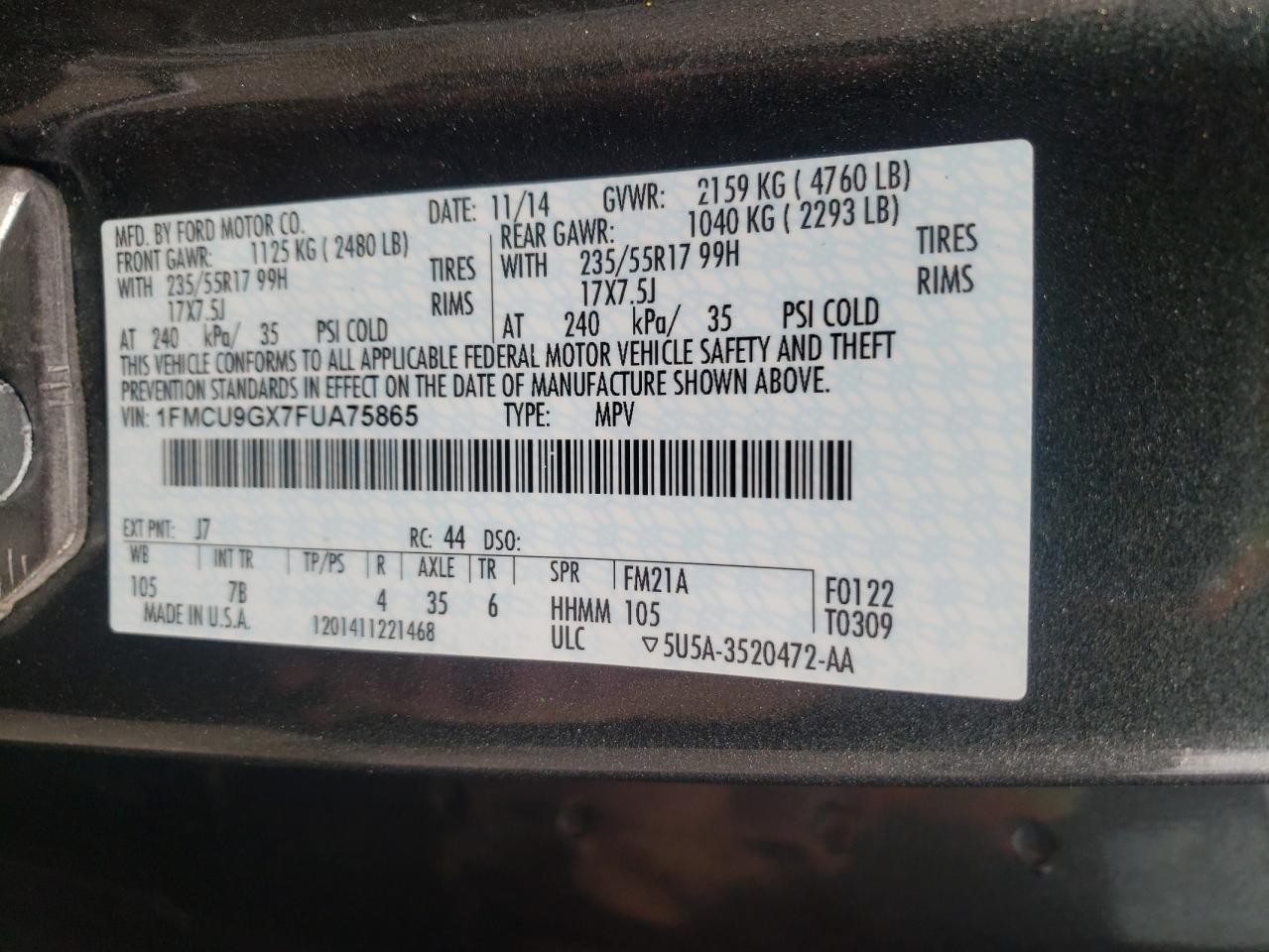 Photo 10 from auction – 2015 FORD ESCAPE SE with VIN 1FMCU9GX7FUA75865