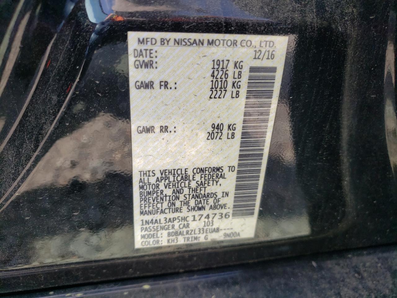 Photo 10 from auction – 2017 NISSAN ALTIMA 2.5 with VIN 1N4AL3AP5HC174736