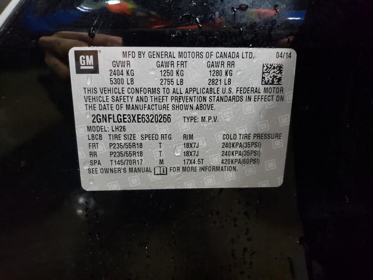 Photo 10 from auction – 2014 CHEVROLET EQUINOX LT with VIN 2GNFLGE3XE6320266