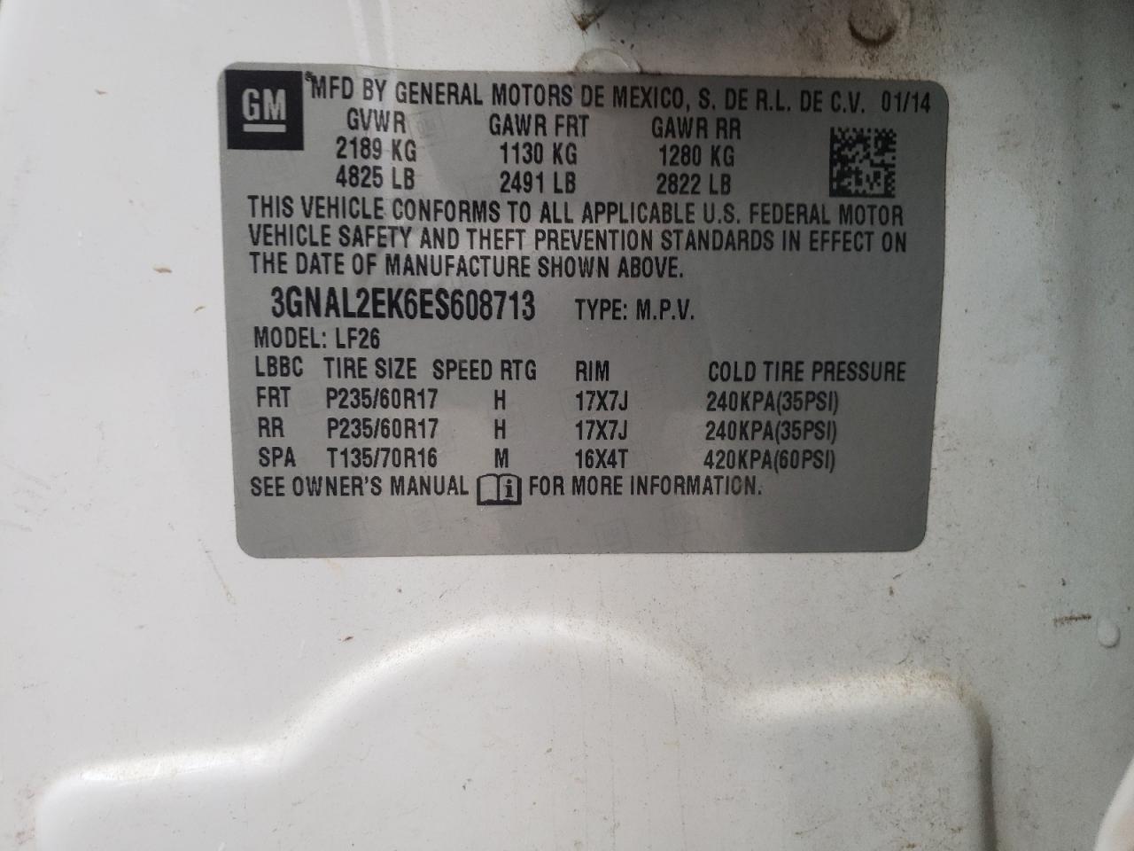Photo 10 from auction – 2014 CHEVROLET CAPTIVA LS with VIN 3GNAL2EK6ES608713