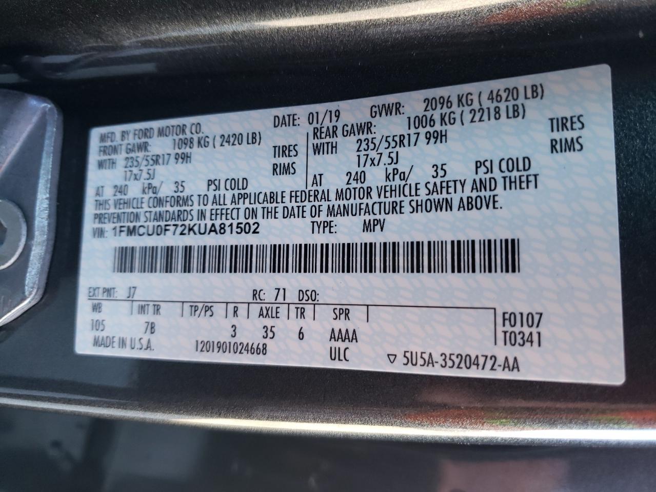 Photo 10 from auction – 2019 FORD ESCAPE S with VIN 1FMCU0F72KUA81502