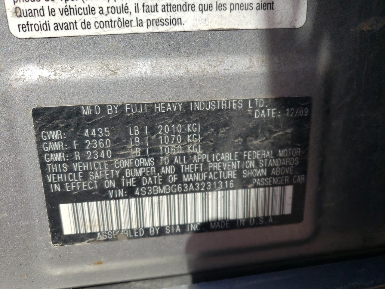 Foto 10 de la subasta – 2010 SUBARU LEGACY con VIN 4S3BMBG63A3231316