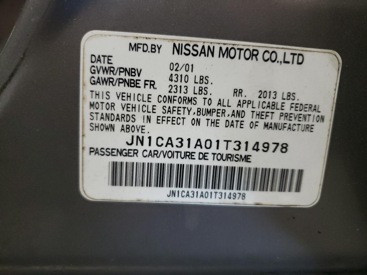 Photo 10 from auction – 2001 NISSAN MAXIMA GXE with VIN JN1CA31A01T314978