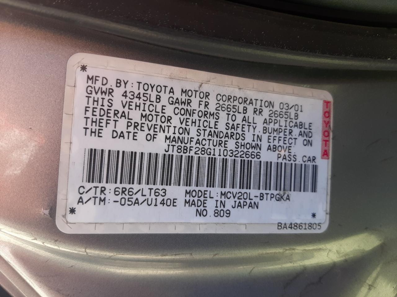 Photo 10 from auction – 2001 LEXUS ES 300 with VIN JT8BF28G110322666