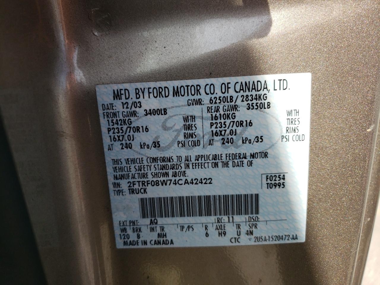 Photo 10 from auction – 2004 FORD F-150 HERI with VIN 2FTRF08W74CA42422