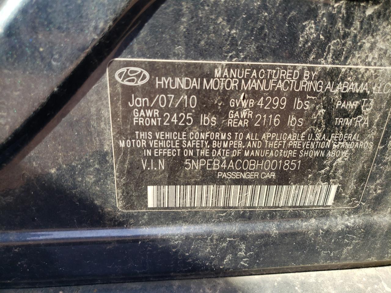 Photo 10 from auction – 2011 HYUNDAI SONATA GLS with VIN 5NPEB4AC0BH001851