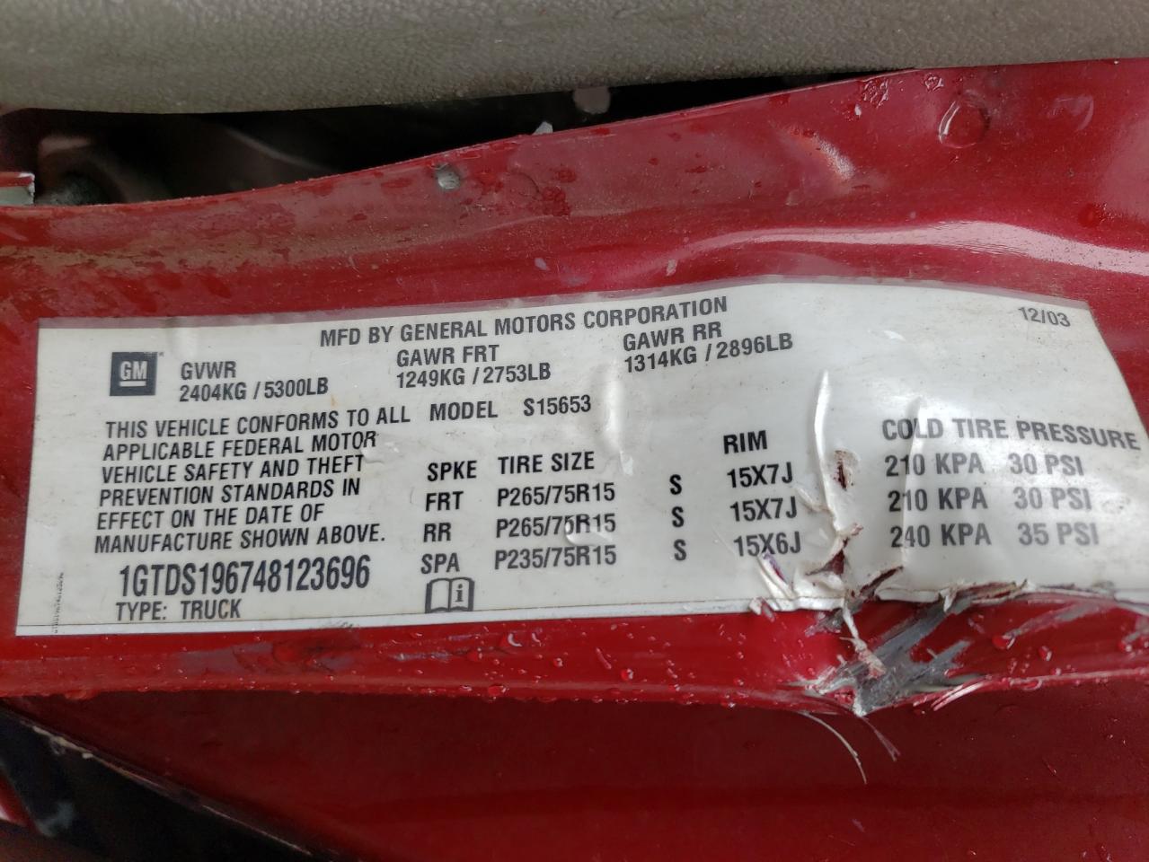Photo 10 from auction – 2004 GMC CANYON with VIN 1GTDS196748123696