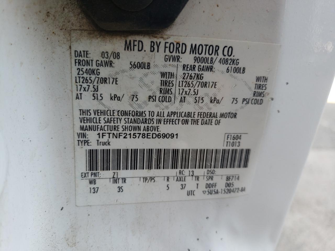 Photo 10 from auction – 2008 FORD F250 SUPER with VIN 1FTNF21578ED69091