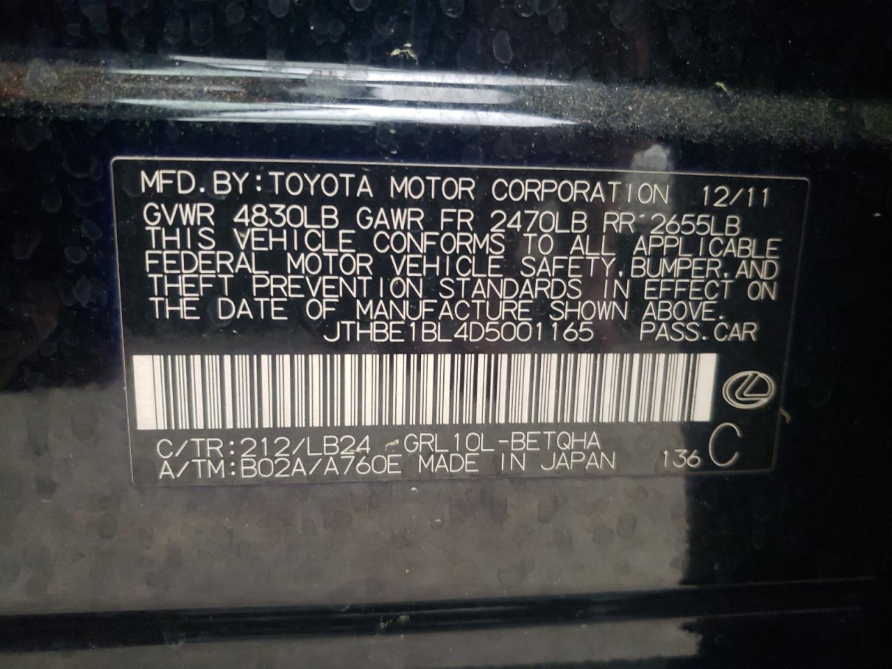 Photo 10 from auction – 2013 LEXUS GS 350 with VIN JTHBE1BL4D5001165