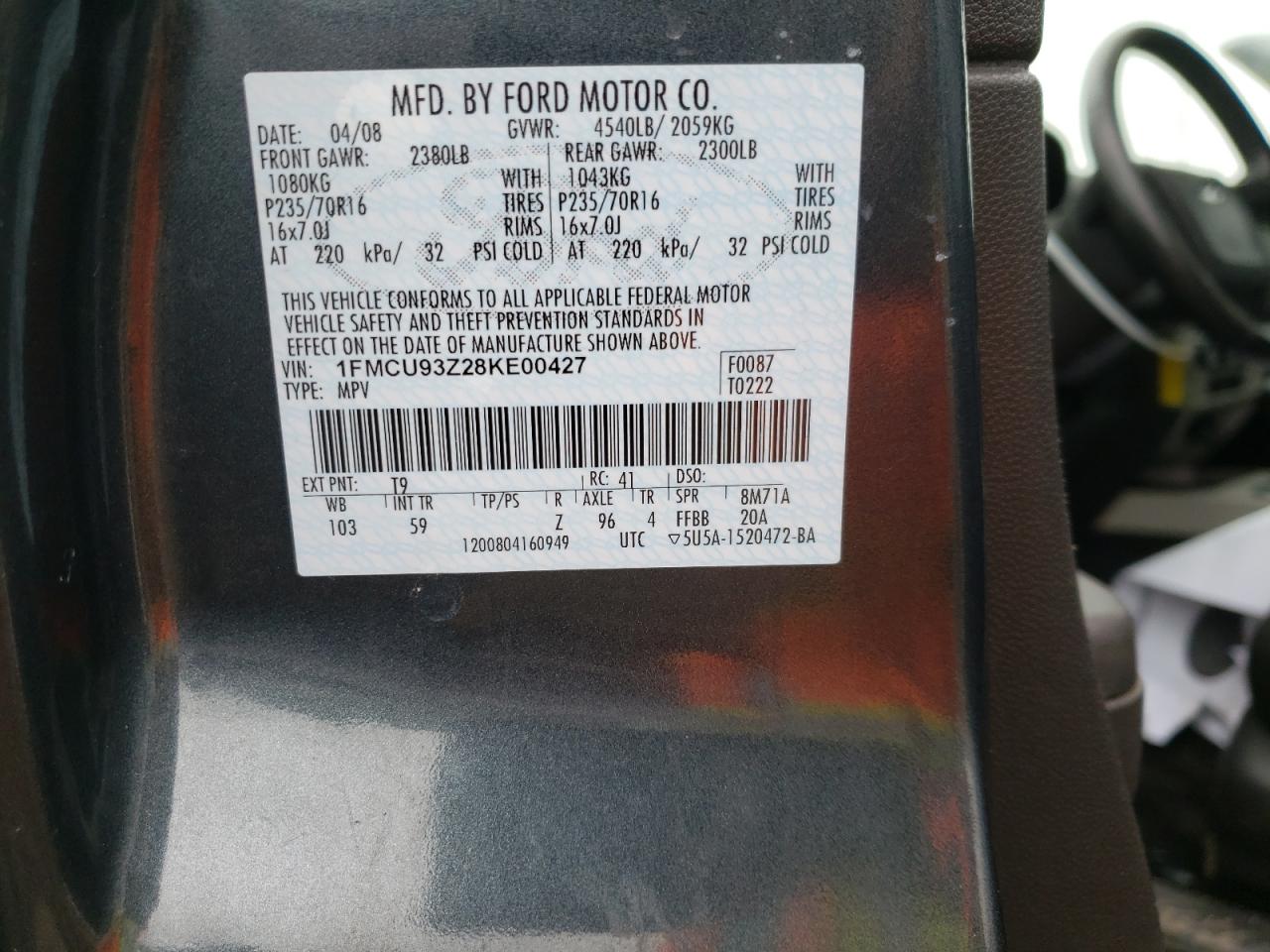 Photo 10 from auction – 2008 FORD ESCAPE XLT with VIN 1FMCU93Z28KE00427