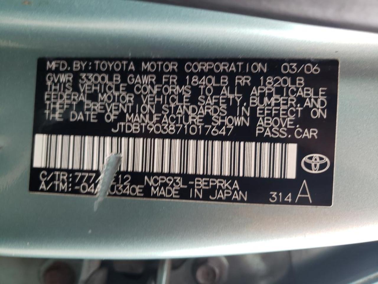 Photo 10 from auction – 2007 TOYOTA YARIS with VIN JTDBT903871017647