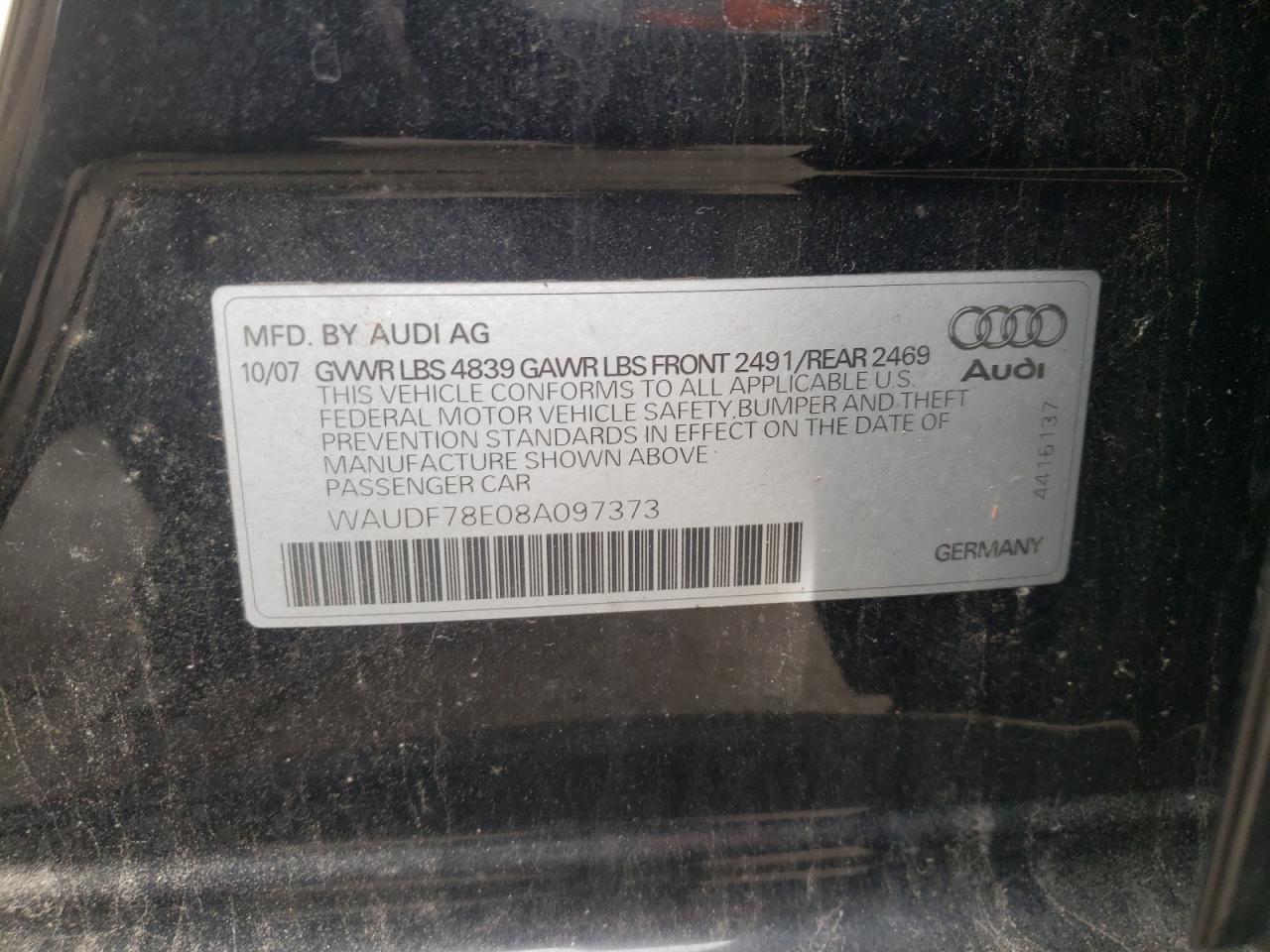 Photo 10 from auction – 2008 AUDI A4 2.0T QU with VIN WAUDF78E08A097373