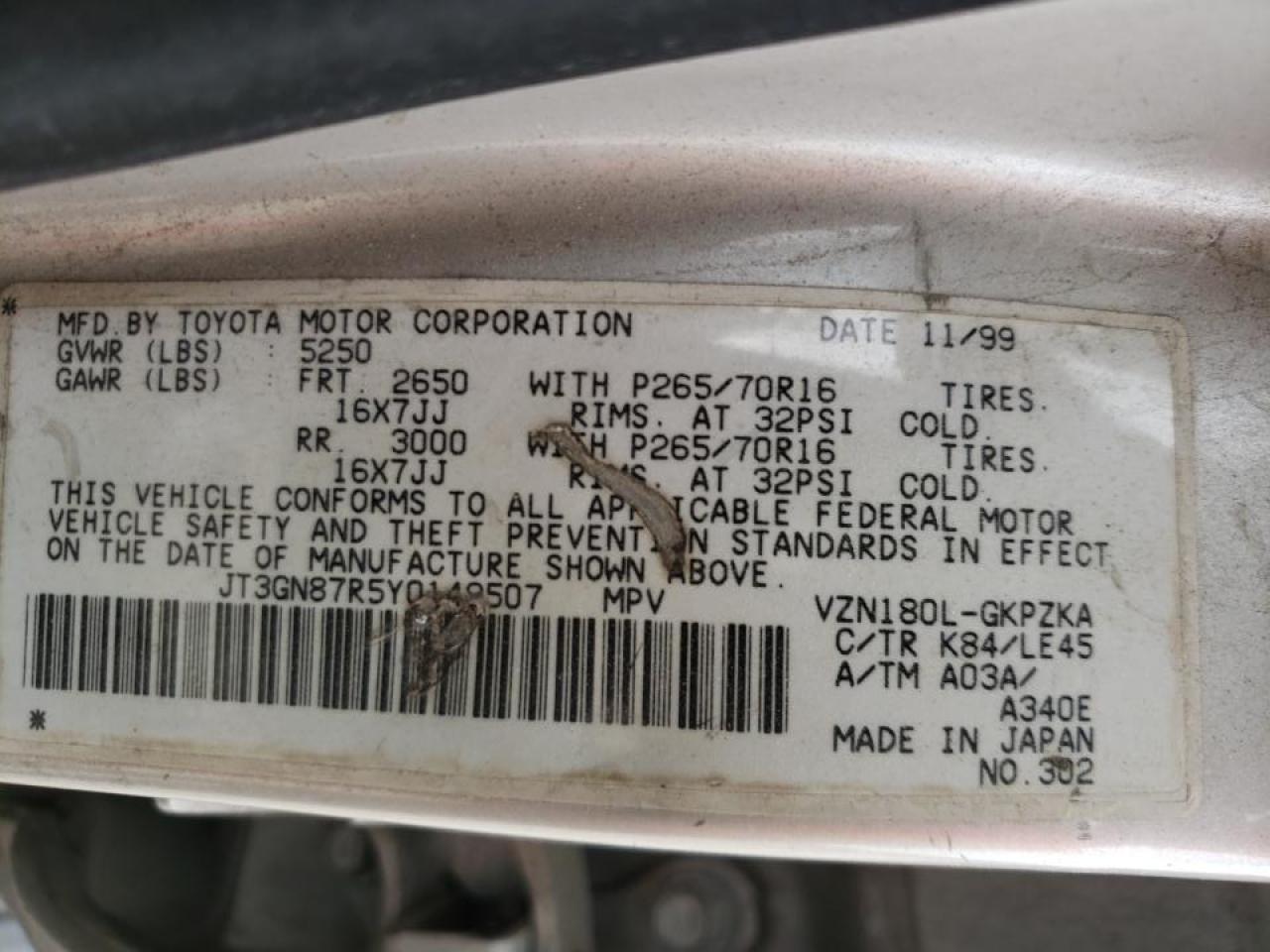 Photo 10 from auction – 2000 TOYOTA 4RUNNER LI with VIN JT3GN87R5Y0149507