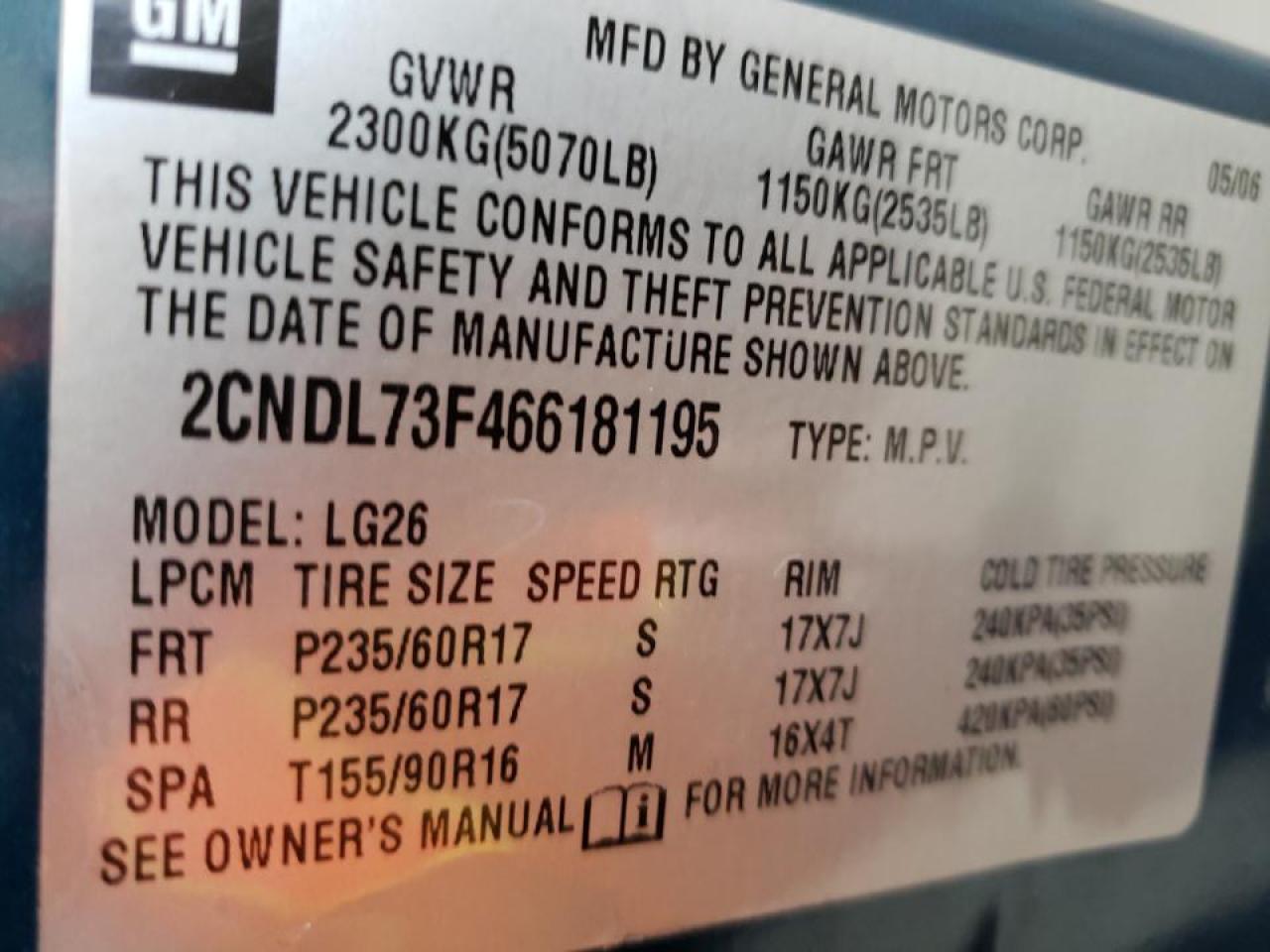 Photo 10 from auction – 2006 CHEVROLET EQUINOX LT with VIN 2CNDL73F466181195