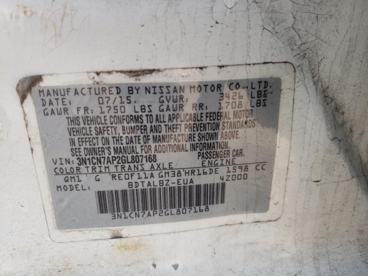 Photo 10 from auction – 2016 NISSAN VERSA S with VIN 3N1CN7AP2GL807168