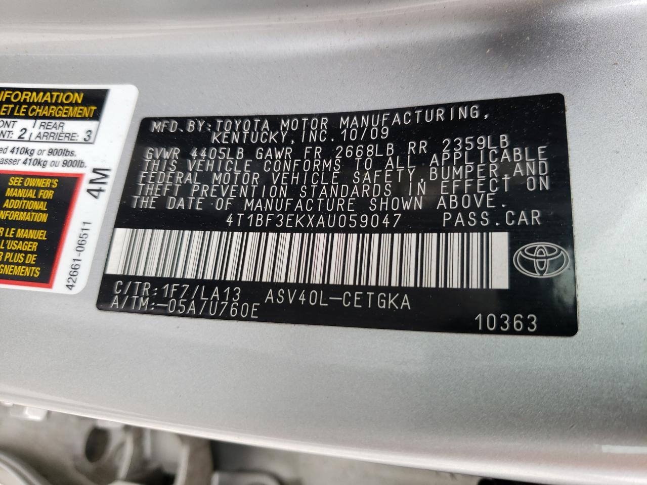 Photo 10 from auction – 2010 TOYOTA CAMRY BASE with VIN 4T1BF3EKXAU059047