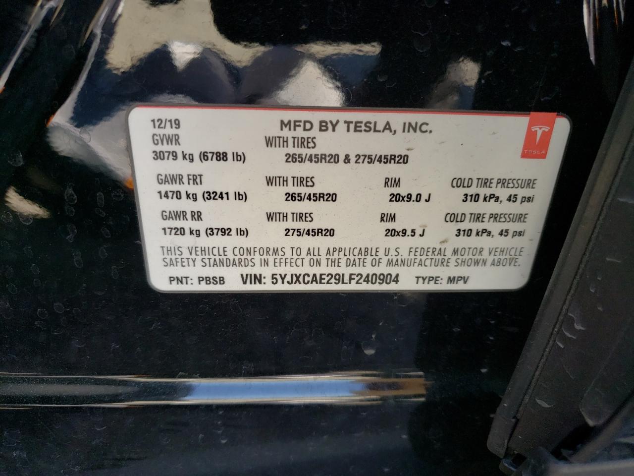 Photo 10 from auction – 2020 TESLA MODEL X with VIN 5YJXCAE29LF240904