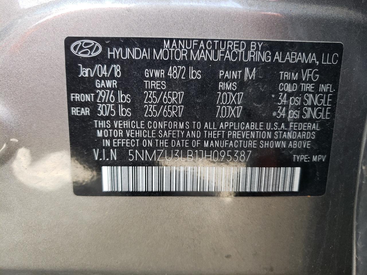Photo 10 from auction – 2018 HYUNDAI SANTA FE S with VIN 5NMZU3LB1JH095387