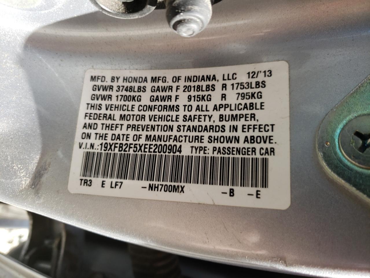 Photo 10 from auction – 2014 HONDA CIVIC LX with VIN 19XFB2F5XEE200904