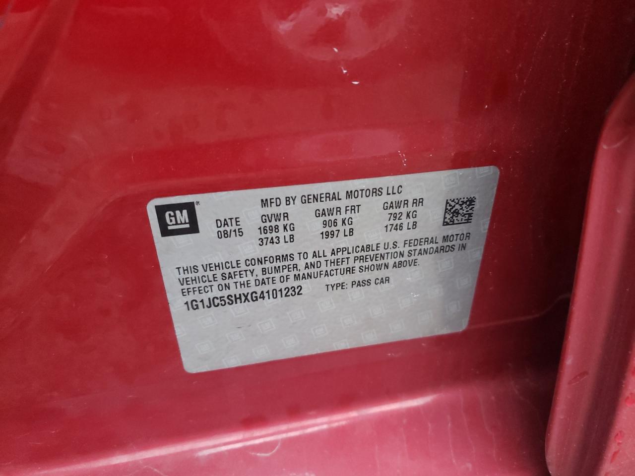 Photo 10 from auction – 2016 CHEVROLET SONIC LT with VIN 1G1JC5SHXG4101232